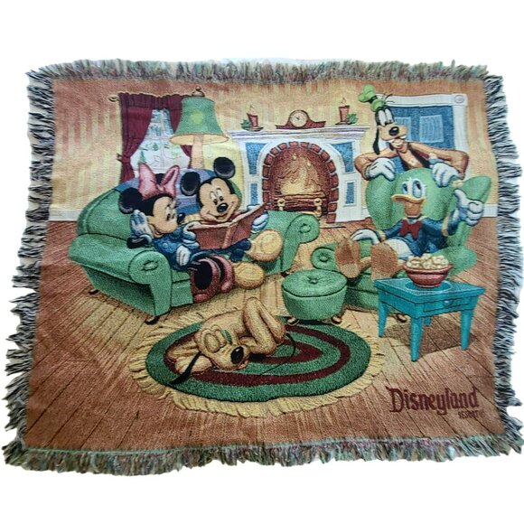 Walt Disney World Tapestry Woven Throw Blanket Mickey & Minnie Mouse Goofy Pluto